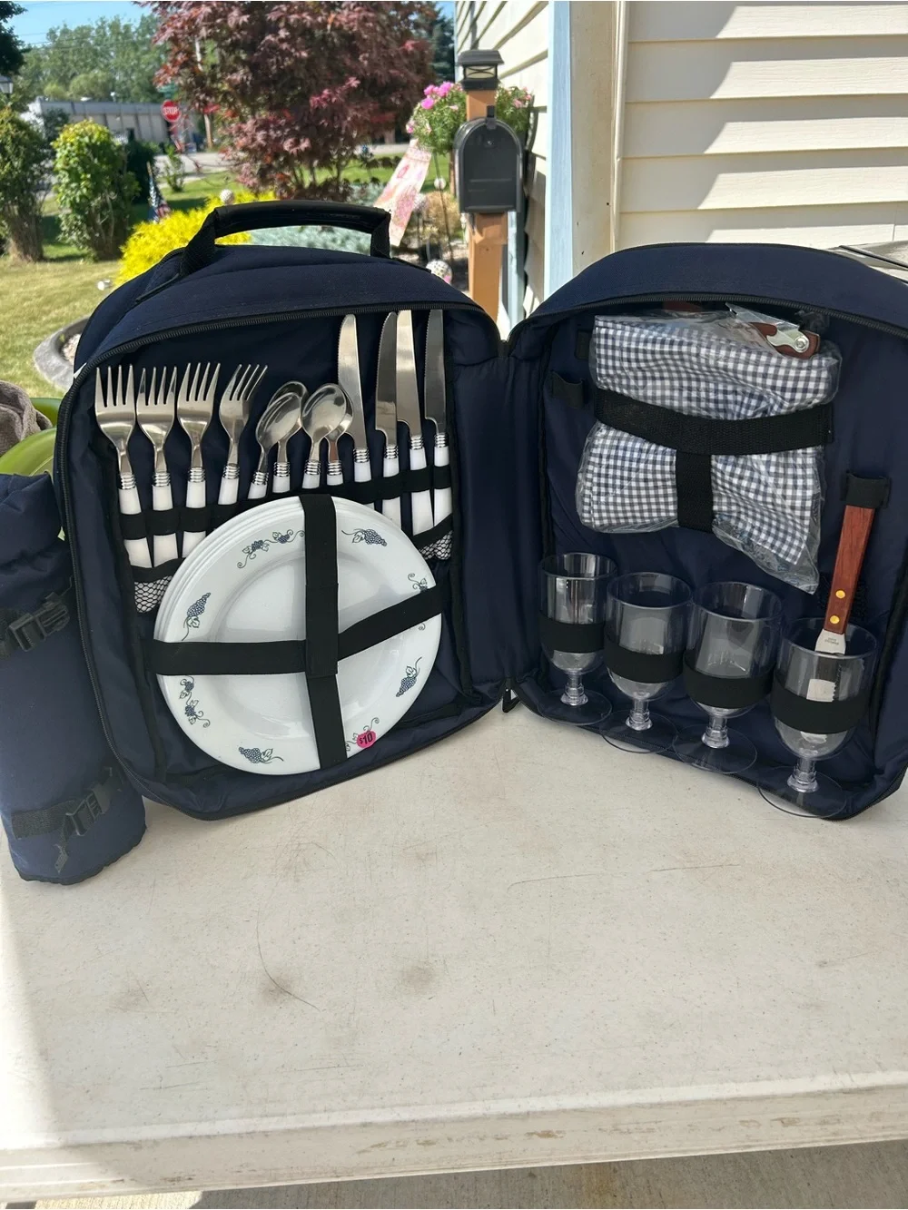 Portable Navy Picnic Dining Set with Cutlery and Glasses